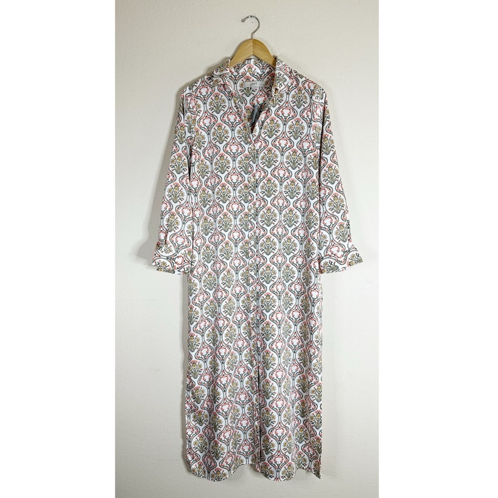 LOFT white floral printed button front long sleeve maxi dress M PETITE